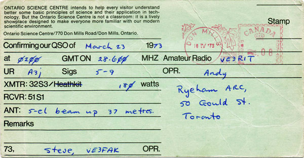 The reverse side of the 1973 QSL card from VE3OSC Toronto.