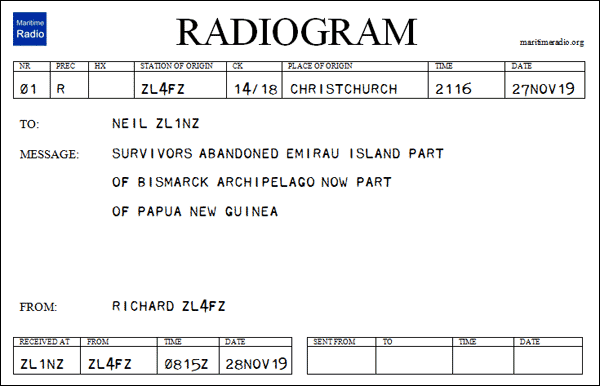 New Zealand Net Trivia Answer on a Radiogram form
