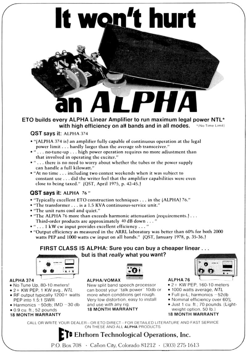 Alpha amplifier advert with brick on key, 1978