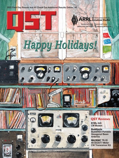 QST magazine cover art featuring Collins S Line and Hammarlund SP-600 receiver