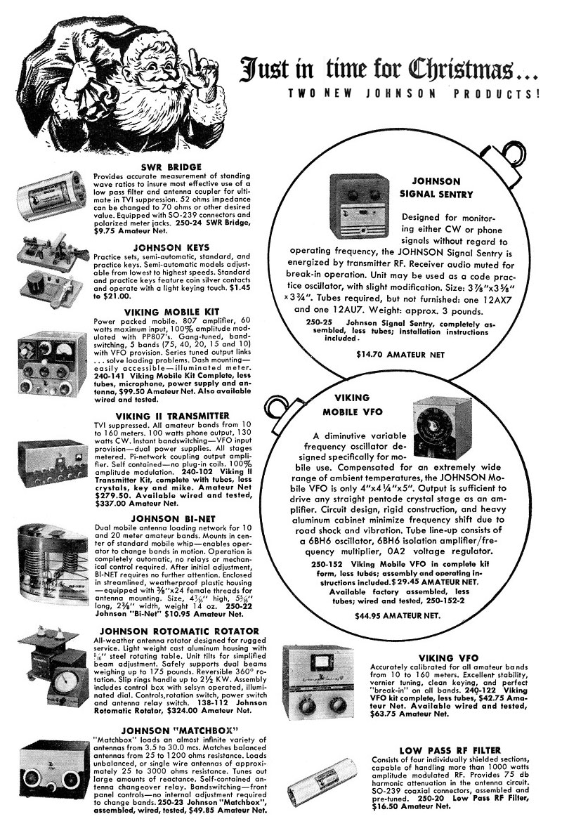 QST magazine advert for EF Johnson amateur radio equipment, December 1953