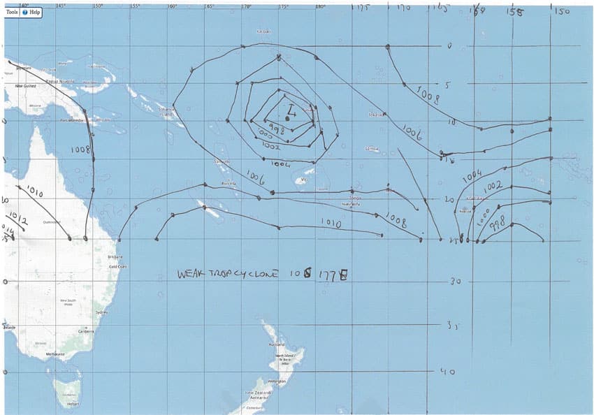 Weather map of Southwest Pacific, hand drawn from IAC Fleet Code data