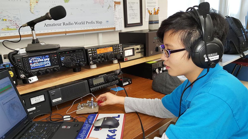 Student using a Vibro Keyer at K4WTL high school radio station