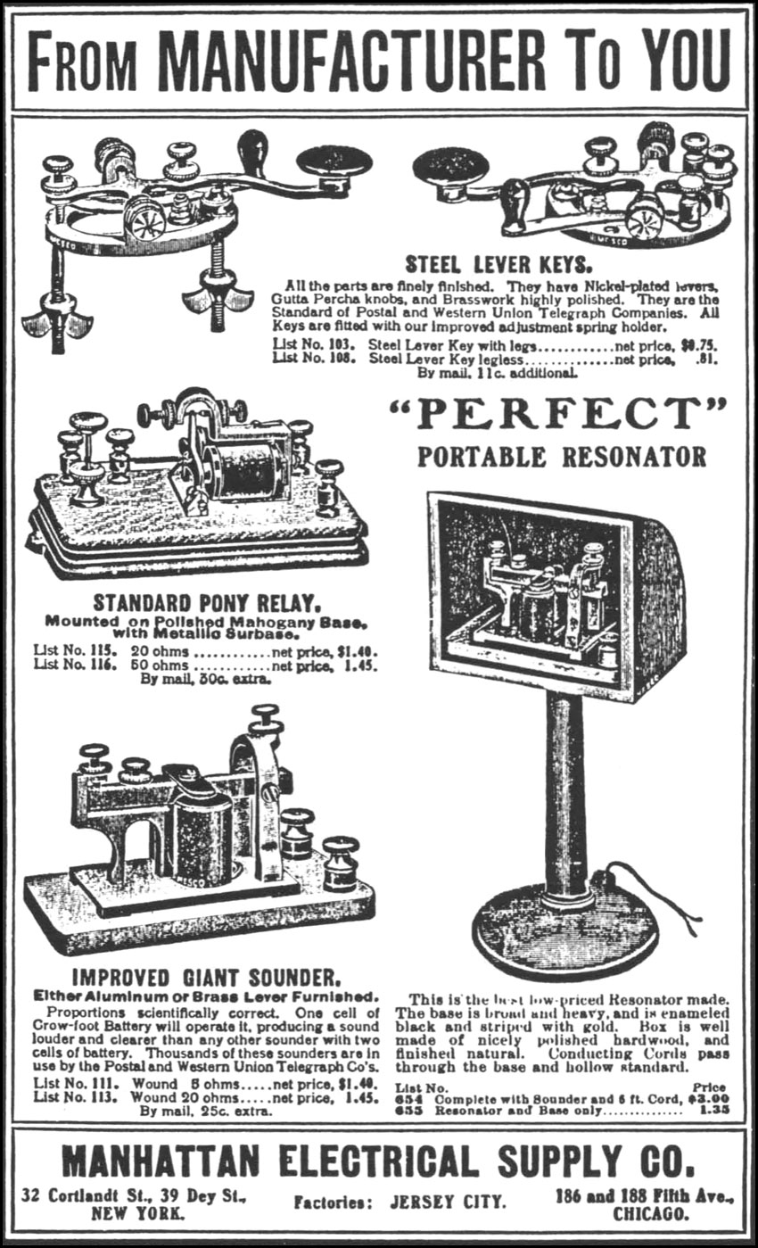 1904 advertisement for Manhattan Electrical Supply company's range of landline Morse equipment