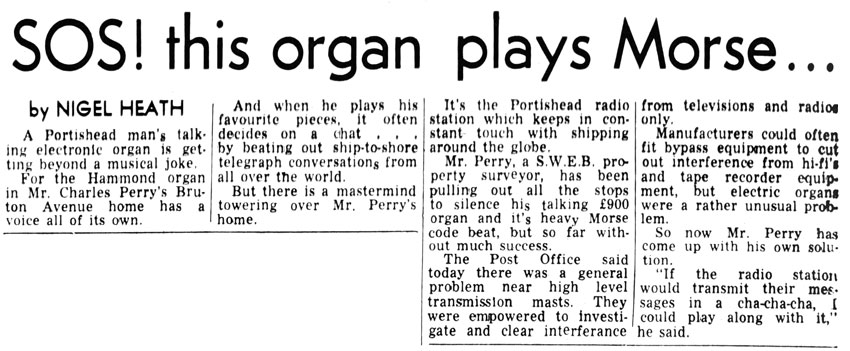 1973 news clipping reports that GKA could be heard on a local person's electronic organ