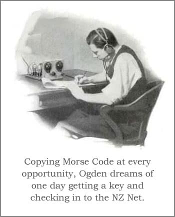 Cartoon: Ogden is copying Morse and dreaming of getting a key so he can check into the NZ Net