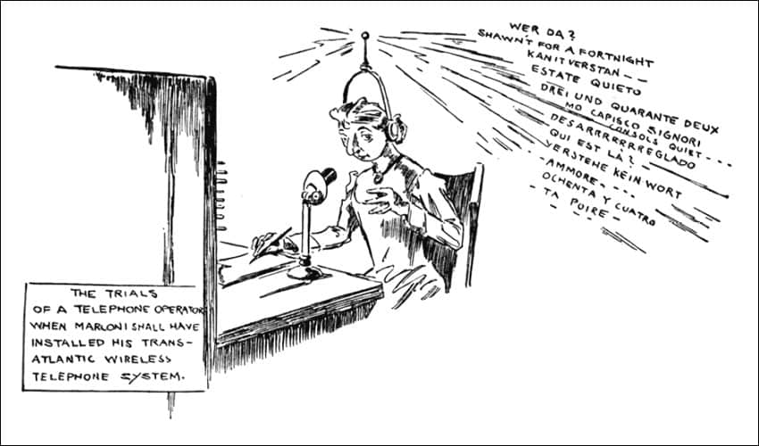 Cartoon from 1919 shows telephone operator bombarded by radio messages in various languages