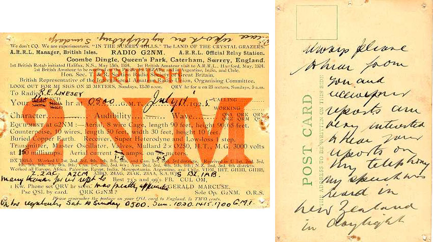 G2NM QSL card for contact with NZ in the 1920s