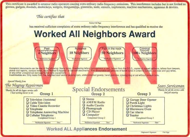 Humorous certificate for the WAN Worked All Neighbors award