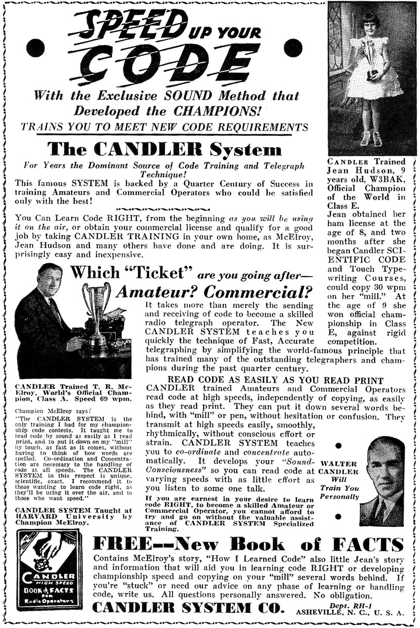 Full page advertisement from 1937 for the Candler system of Morse training