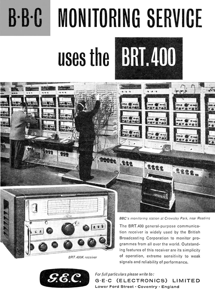 Advertisement from 1962 showing a BBC Monitoring site using GEC BRT400 receivers