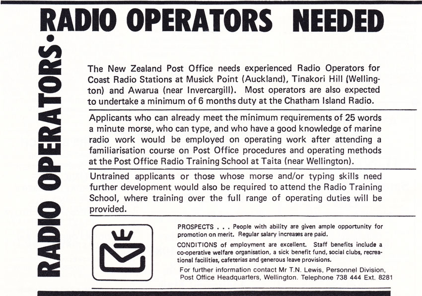 1983 NZ Post Office advertisement in Break-In magazine, seeking radio amateurs to work as radio operators