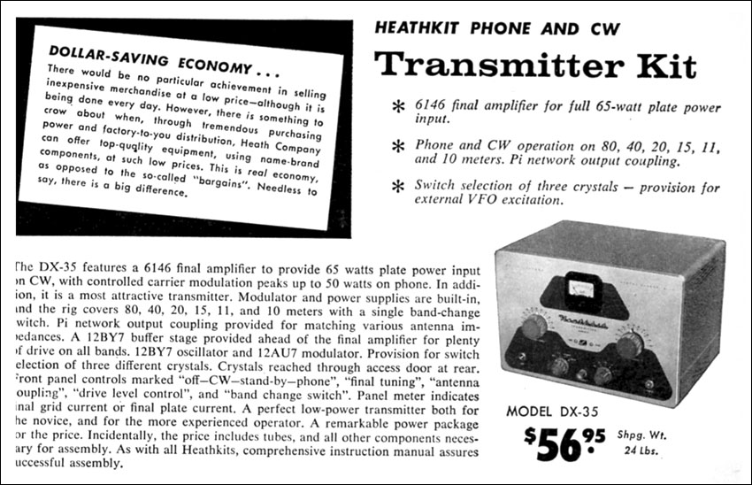 Advertisement for Heathkit DX-35 AM/CW transmitter, 1956