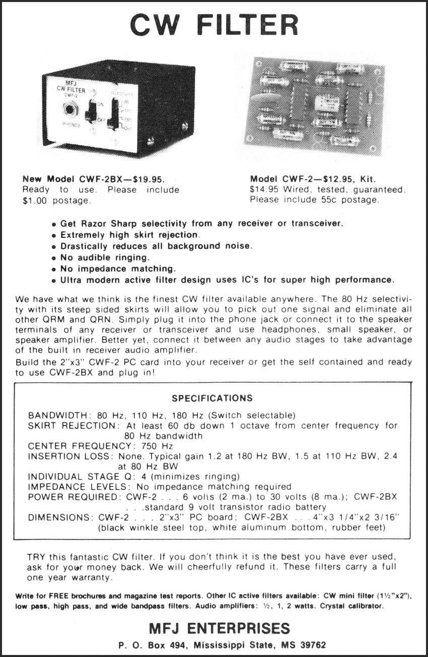 QST magazine advertisement for the MFJ CW-F2 CW filter, December 1973. This was the company's first product.