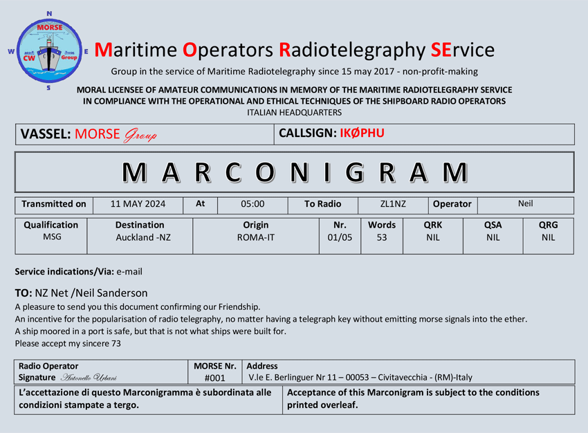 Marconigram from IK0PHU to NZ Net via email