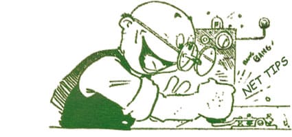 Net Tips logo cartoon of operator pounding his straight key