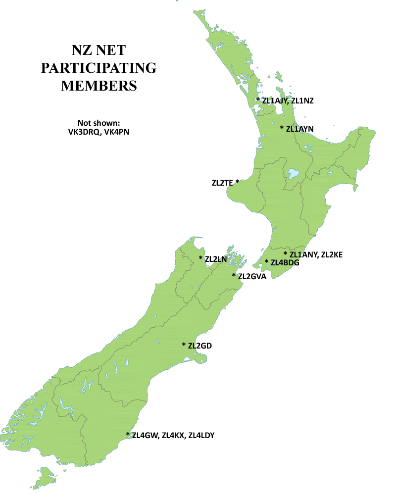 Map showing locations and callsigns of NZ Net members at 30 May 2024