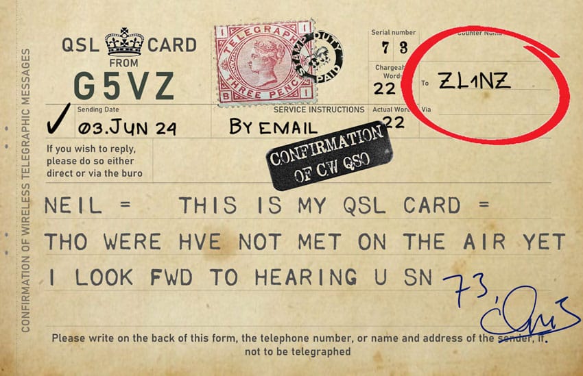 QSL card from G5VZ to ZL1NZ