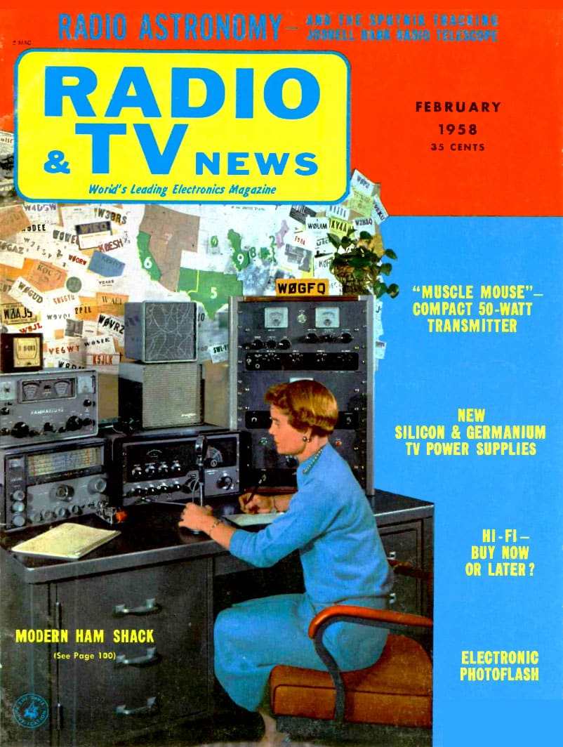 Radio and TV News magazine cover, February 1958, showing the demonstration ham station at the World Radio Labs store in Council Bluffs, Iowa