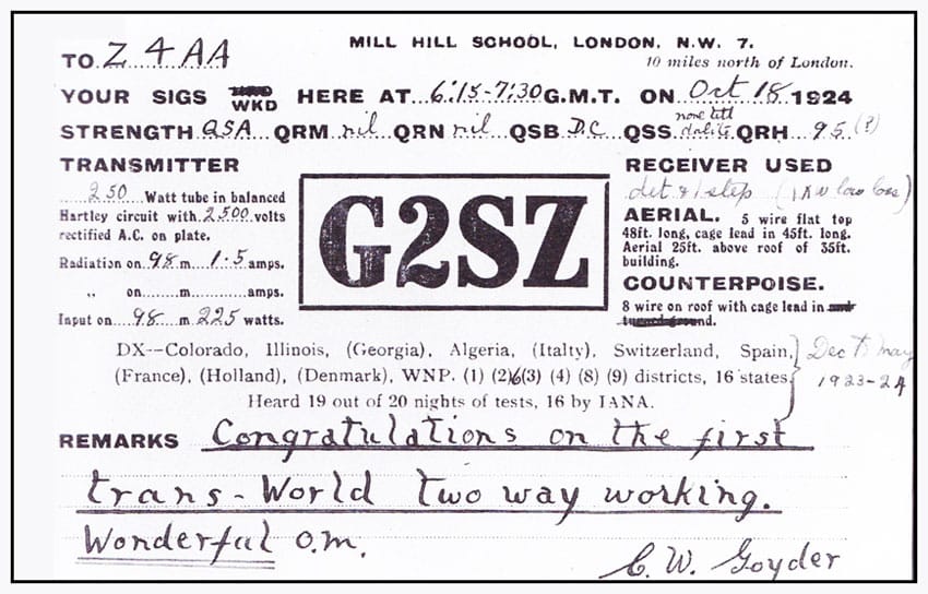 G2SZ QSL card to Z4AA, 1924