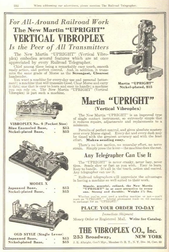 Advertisement for the range of Martins Vibroplex keys in a 1917 edition of the Railroad Telegrapher