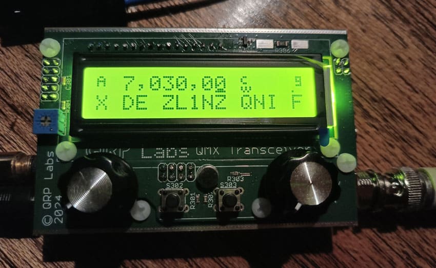 The display of the QMX transceiver showing the CW decoder in action