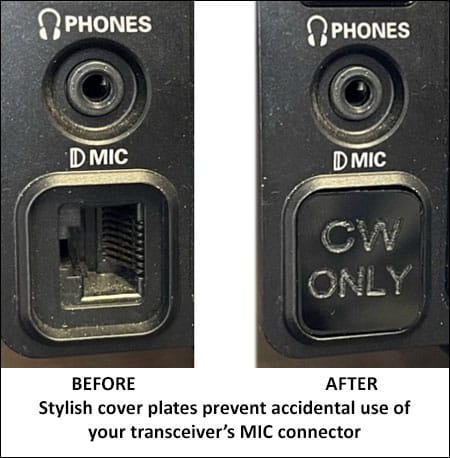 Transceiver with small plastic plate over the mic jack with lettering saying CW Only