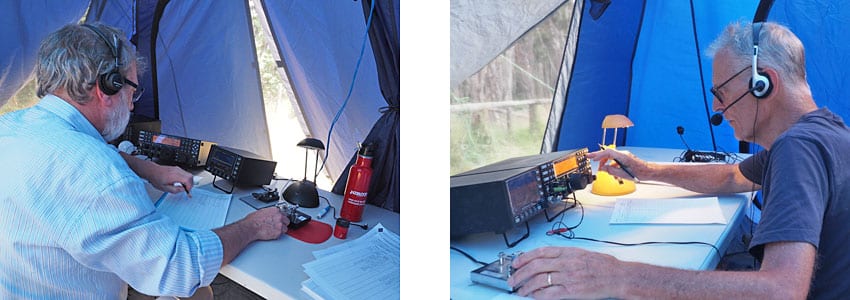 2 radio hams in tents operating Morse Code paddles