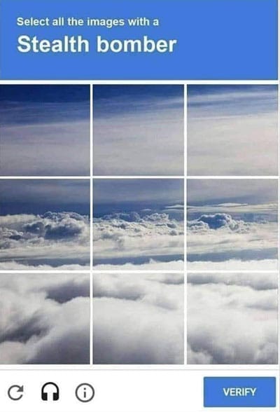 Humour: A captcha puzzle requiring user to select all squares containing a stealth bomber"
