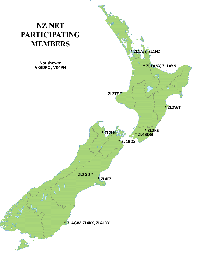 Map showing locations and callsigns of NZ Net members at 3 June 2025